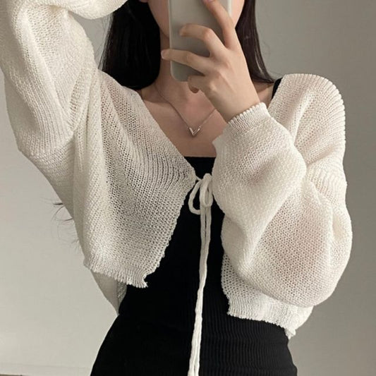 Cropped V-Neck Tie Front Cardigan