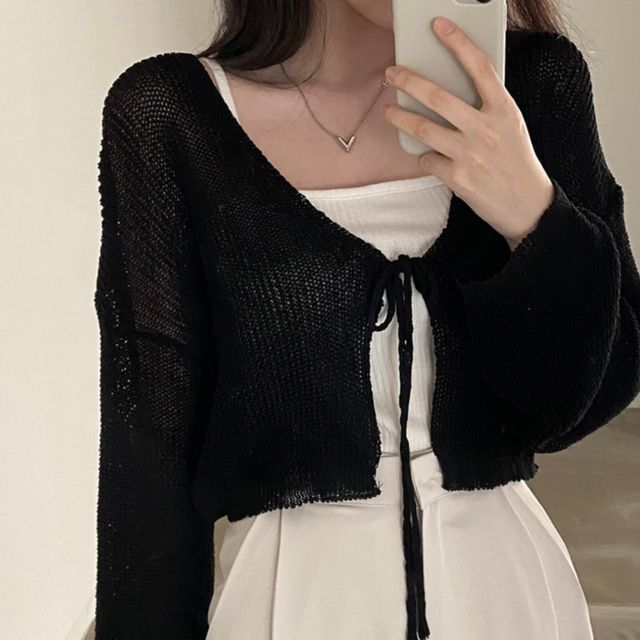 Cropped V-Neck Tie Front Cardigan