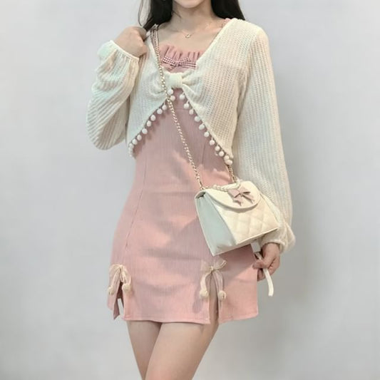 V-Neck Solid Pom Pom Crop Blouse / Thin Strap Bow Front Slit Mini A-Line Dress