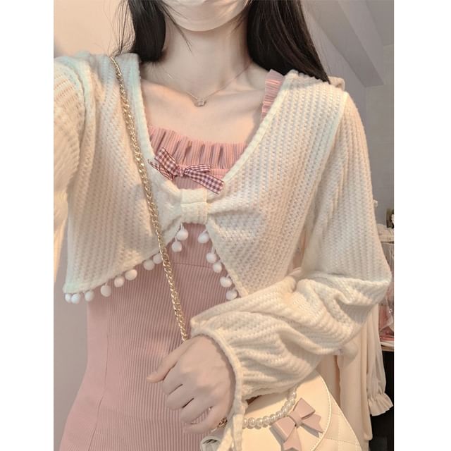 V-Neck Solid Pom Pom Crop Blouse / Thin Strap Bow Front Slit Mini A-Line Dress