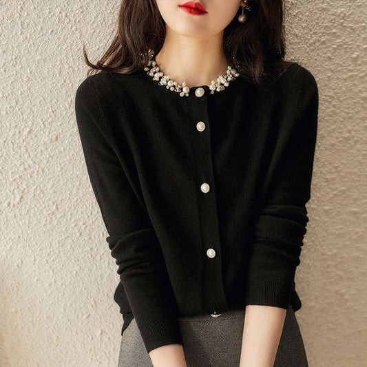 Faux Pearl Plain Cardigan