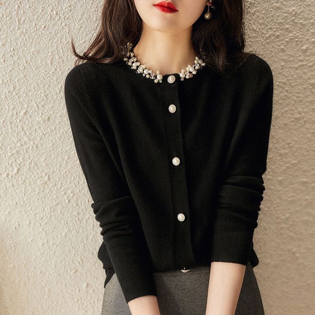 Faux Pearl Plain Cardigan