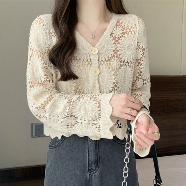 Crochet Knit V-Neck Cardigan