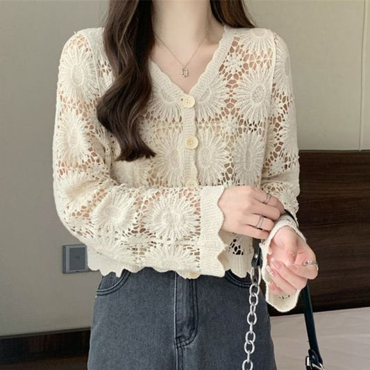 Crochet Knit V-Neck Cardigan