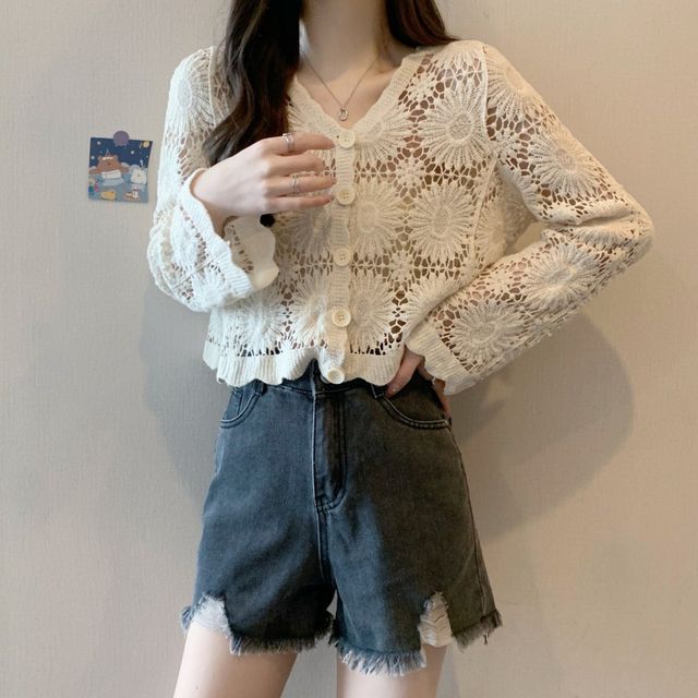 Crochet Knit V-Neck Cardigan