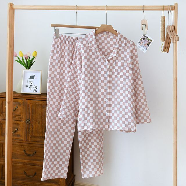 Couple Matching Pajama Set: Long-Sleeve Checkerboard Top + Pants (Various Designs)