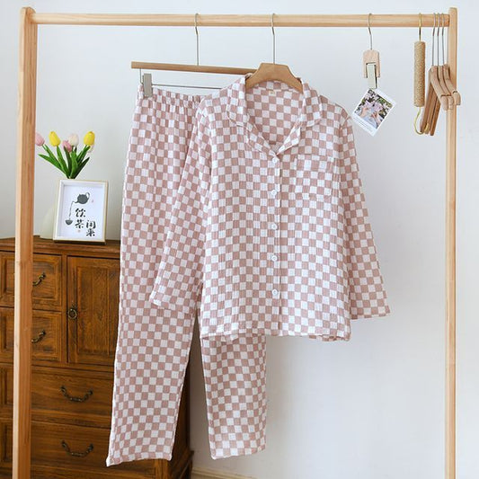 Couple Matching Pajama Set: Long-Sleeve Checkerboard Top + Pants (Various Designs)