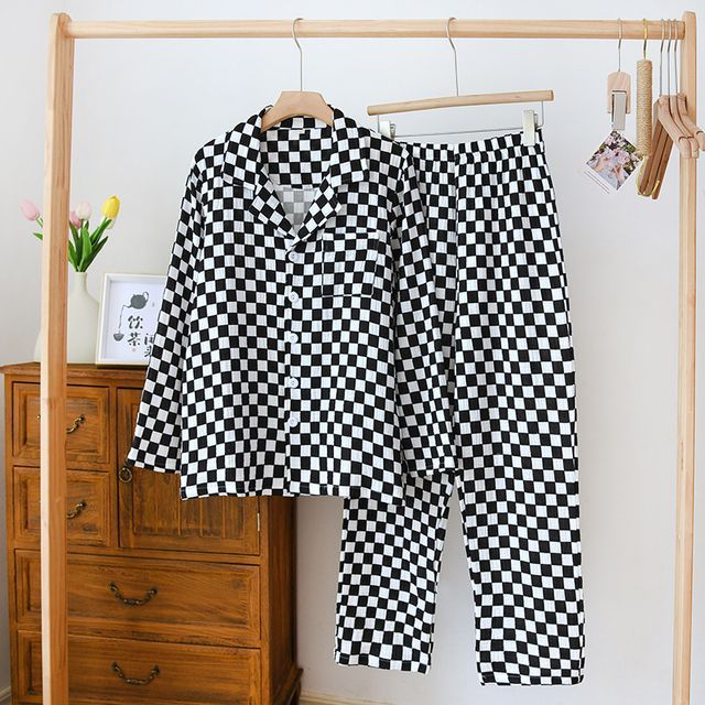 Couple Matching Pajama Set: Long-Sleeve Checkerboard Top + Pants (Various Designs)