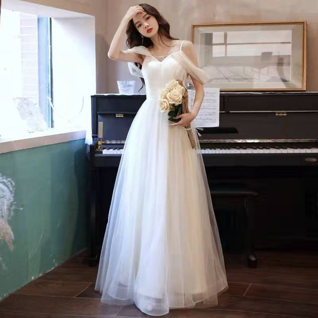 Thin Strap Solid Mesh Panel A-Line Evening Gown