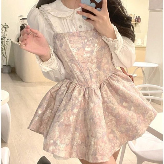 Long-Sleeve Collared Solid Lace Trim Frill Blouse / Thin Strap Gathered Jacquard Mini A-Line Dress