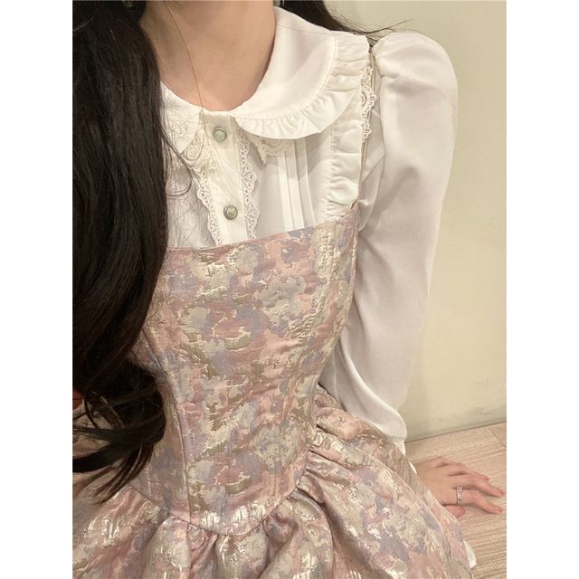 Long-Sleeve Collared Solid Lace Trim Frill Blouse / Thin Strap Gathered Jacquard Mini A-Line Dress
