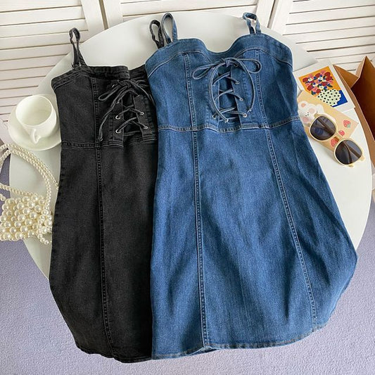 Thin Strap Solid Lace-Up Denim Mini A-Line Dress