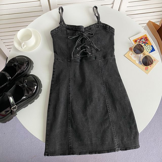 Thin Strap Solid Lace-Up Denim Mini A-Line Dress