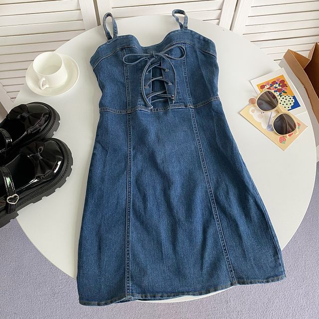 Thin Strap Solid Lace-Up Denim Mini A-Line Dress