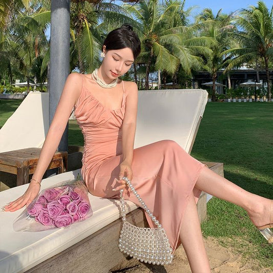Thin Strap Solid Shirred Midi Bodycon Dress