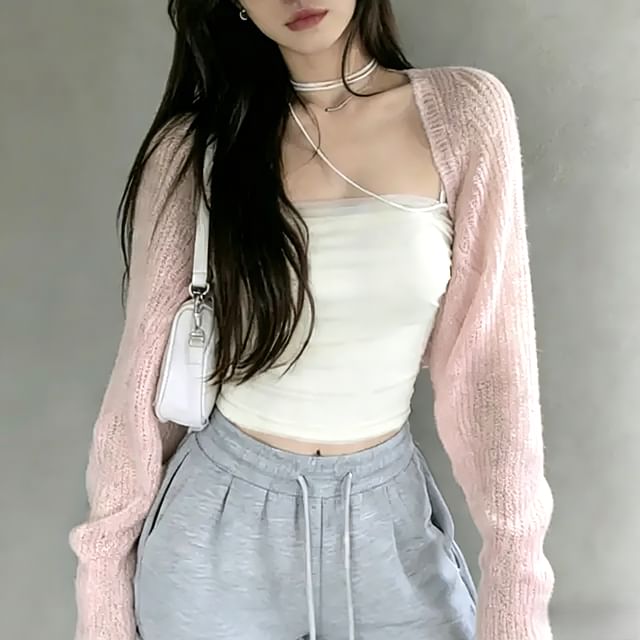 Cropped Open Front Plain Cardigan
