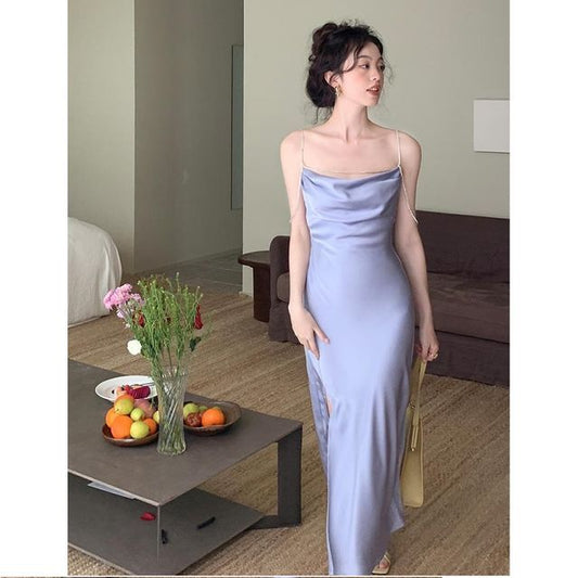 Thin Strap Solid Rhinestone Side-Slit Maxi Sheath Dress