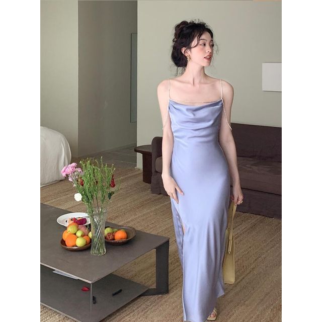 Thin Strap Solid Rhinestone Side-Slit Maxi Sheath Dress