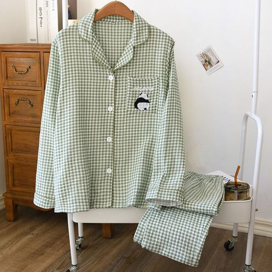 Couple Matching Pajama Set: Long-Sleeve Plaid Top + Pants (Various Designs)