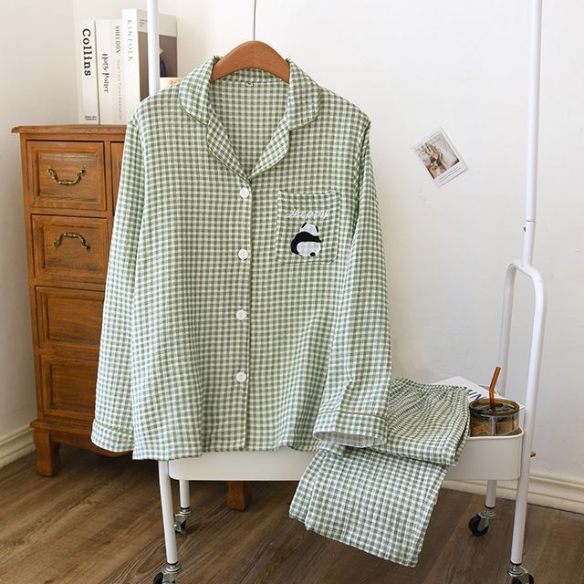 Couple Matching Pajama Set: Long-Sleeve Plaid Top + Pants (Various Designs)