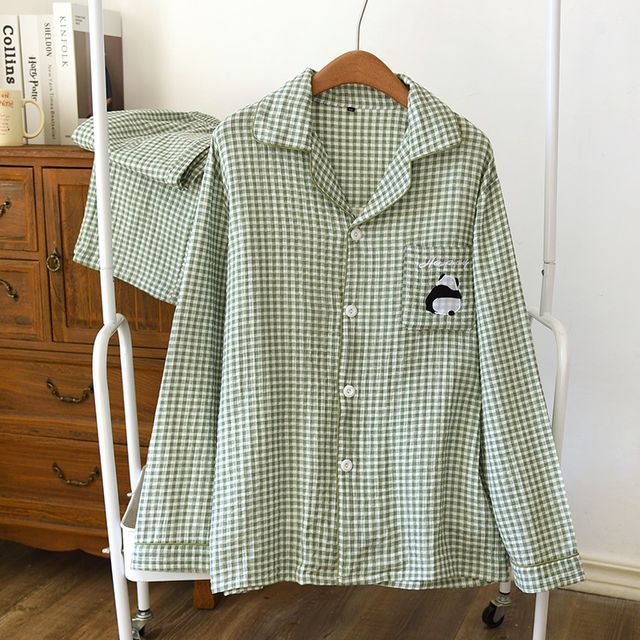 Couple Matching Pajama Set: Long-Sleeve Plaid Top + Pants (Various Designs)