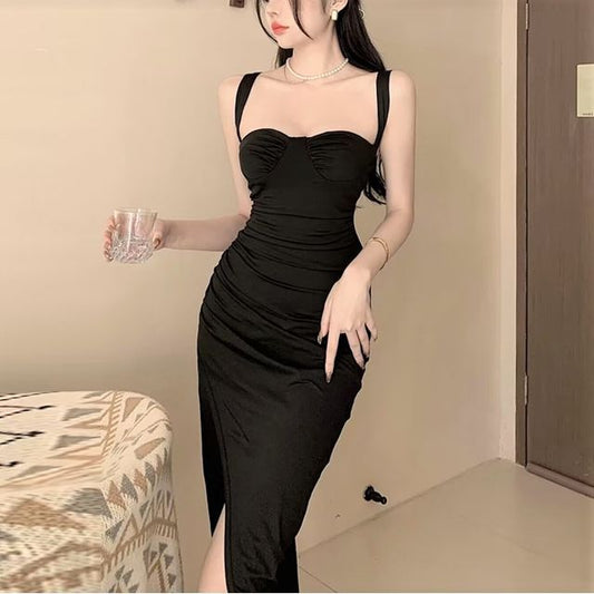 Thin Strap Solid Slit Midi Sheath Dress