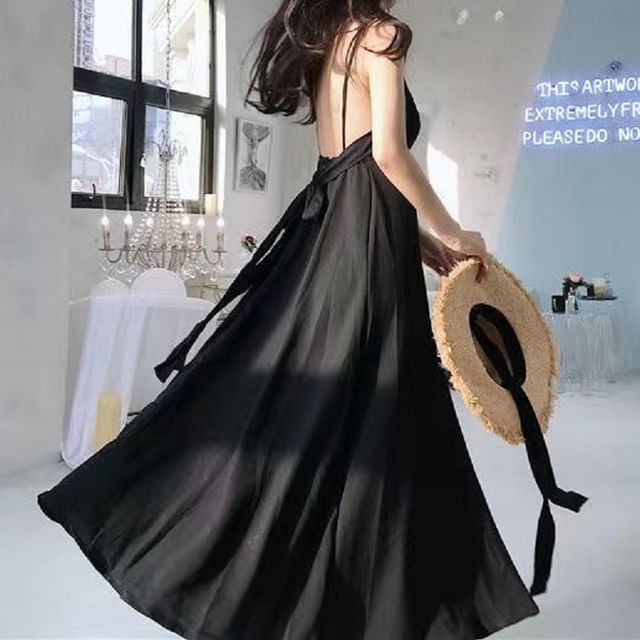 Bow Back Midi A-Line Dress with Thin Straps