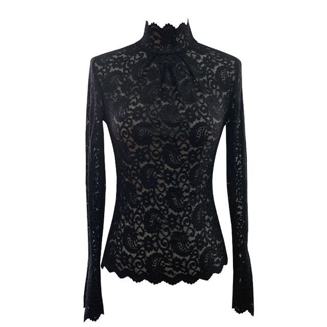 Elegant Lace-Trimmed Long Sleeve Funnel Neck Top