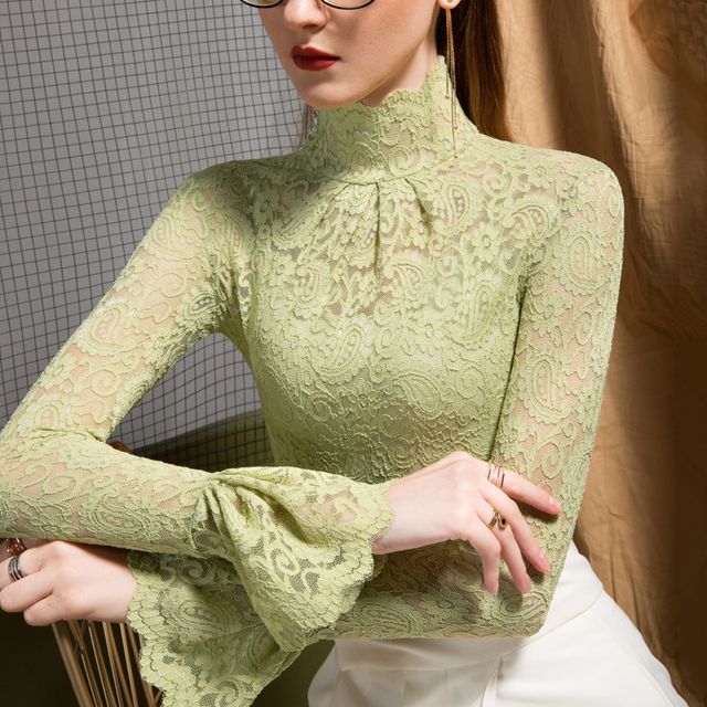 Elegant Lace-Trimmed Long Sleeve Funnel Neck Top