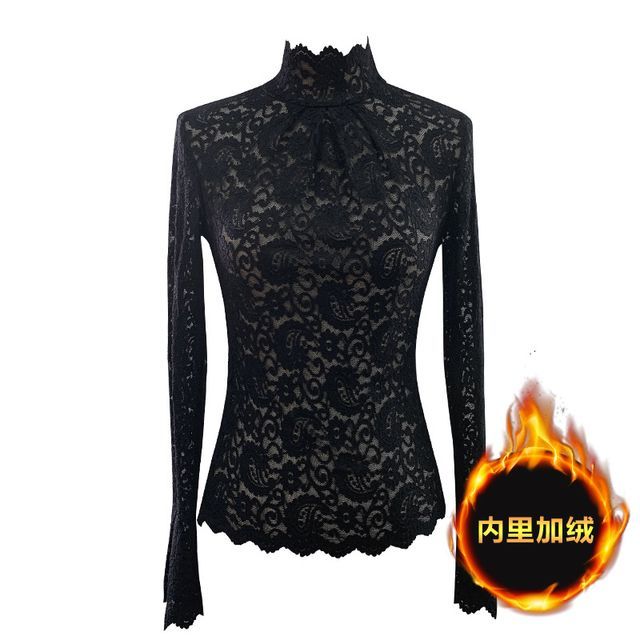 Elegant Lace-Trimmed Long Sleeve Funnel Neck Top