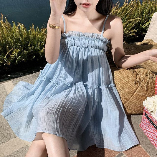 Thin Strap Mesh A-Line Babydoll Dress