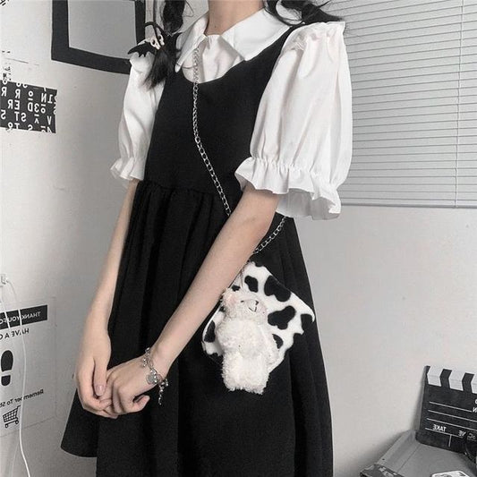 Collared Blouse and Scoop Neck Mini A-Line Dress Set