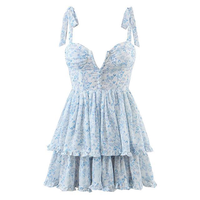 Tie-Shoulder Shirred Layered Mini A-Line Dress