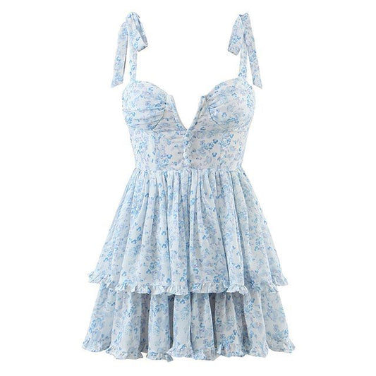 Tie-Shoulder Shirred Layered Mini A-Line Dress