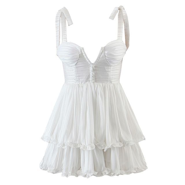 Tie-Shoulder Shirred Layered Mini A-Line Dress