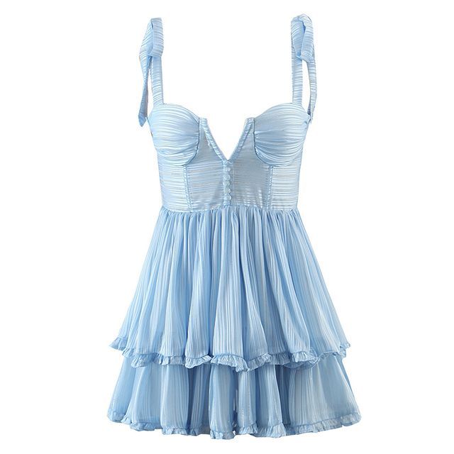 Tie-Shoulder Shirred Layered Mini A-Line Dress