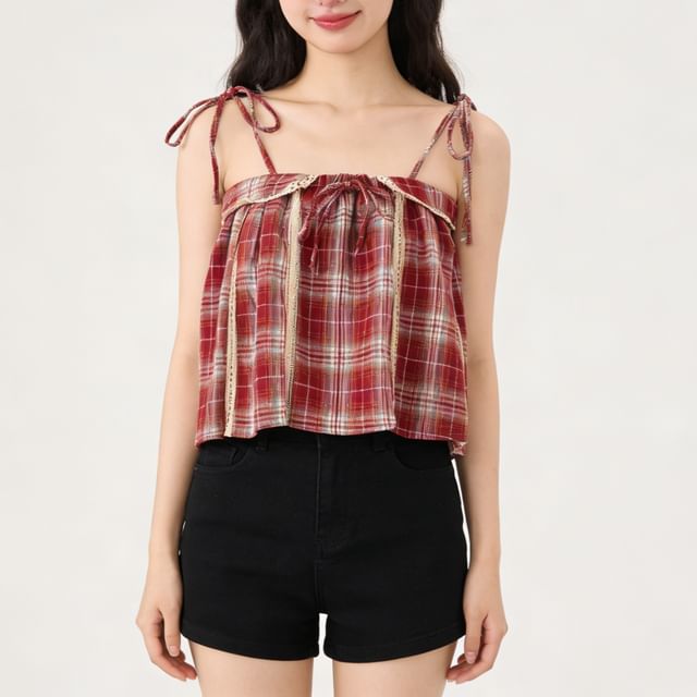 Checkered Lace-Trimmed Camisole Blouse