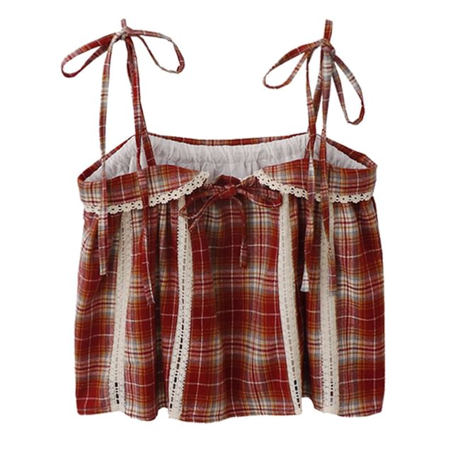Checkered Lace-Trimmed Camisole Blouse