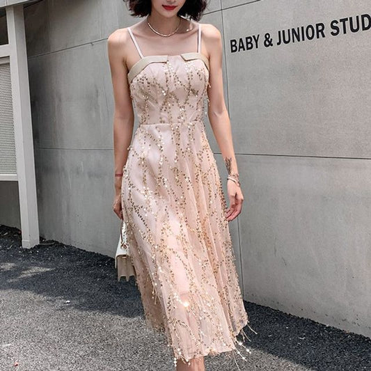 Sequined Fringed A-Line Cocktail Dress with Thin Straps