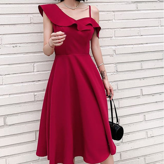 Asymmetric Ruffled A-Line Cocktail Dress with Thin Straps
