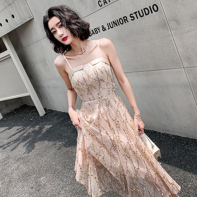 Sequined Fringed A-Line Cocktail Dress with Thin Straps