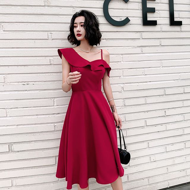 Asymmetric Ruffled A-Line Cocktail Dress with Thin Straps