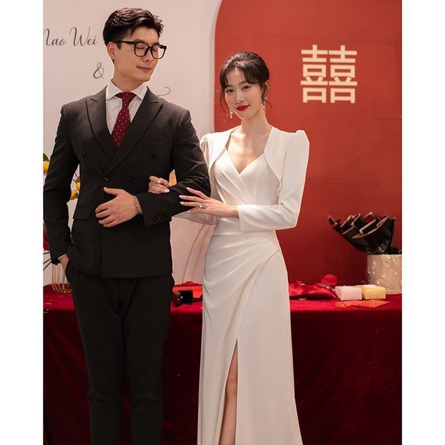 Ruched Slit A-Line Wrap Wedding Gown with Bolero Set