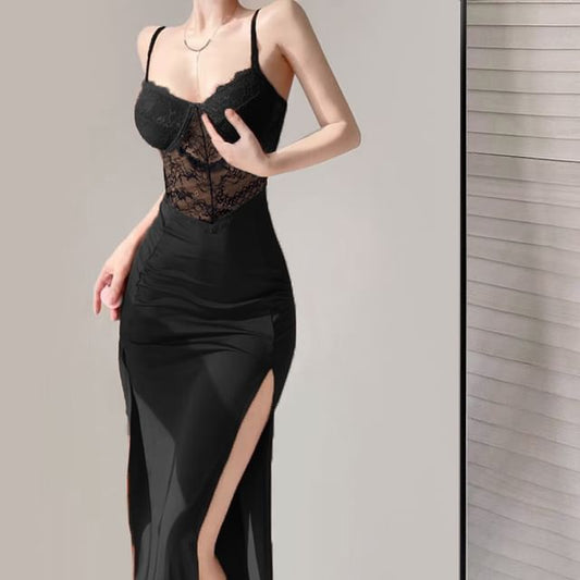 V-Neck Lace Slit Midi Sheath Dress with Thin Straps