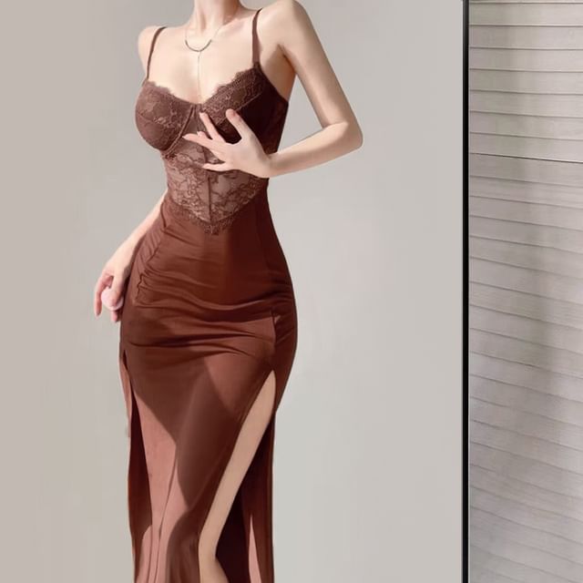 V-Neck Lace Slit Midi Sheath Dress with Thin Straps
