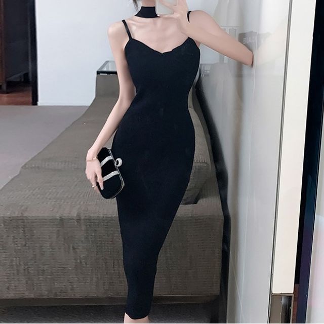 Knit Bodycon Midi Dress with Thin Straps