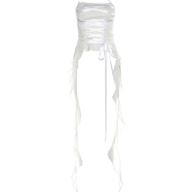 Ruffled Shirred Strapless Lace-Up Tube Top