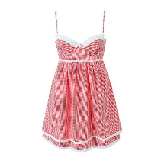 Plaid Lace Trim Mini A-Line Dress with Thin Straps