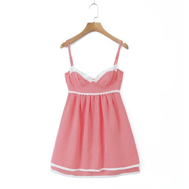 Plaid Lace Trim Mini A-Line Dress with Thin Straps
