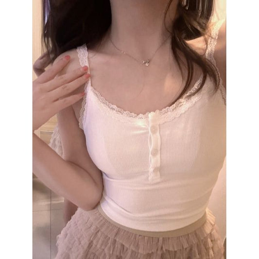 Henley Style Lace-Trim Crop Camisole